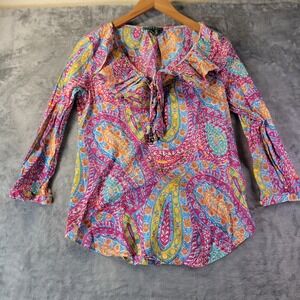 Lauren Ralph Lauren Womens M Vibrant Paisley Ruffle Tie Neck Boho Resort Blouse